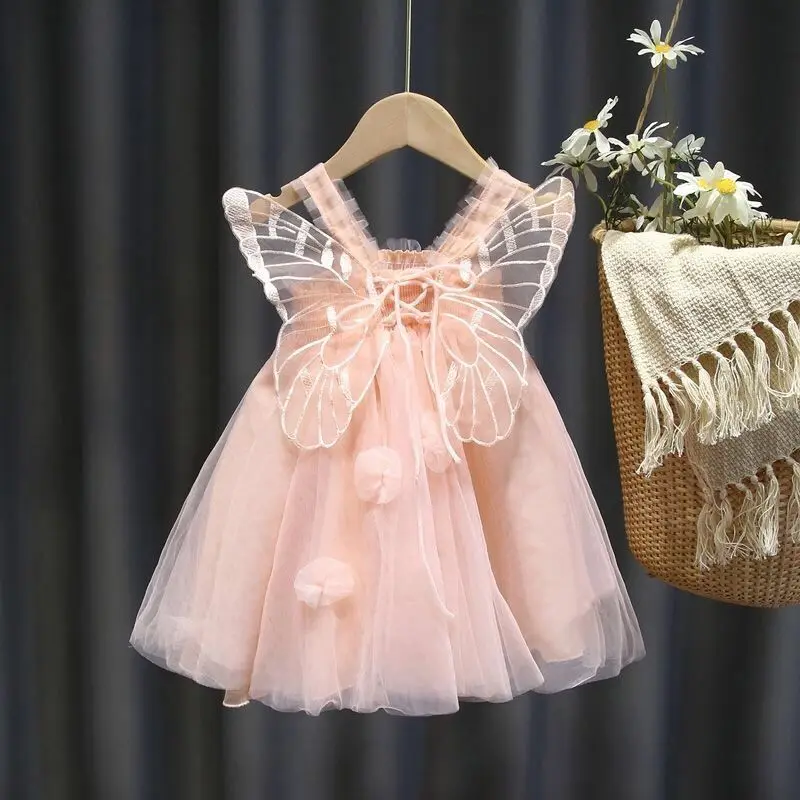 2024 Summer Girls Sling Dresses Mesh Children's Princess Dress Fairy Birthday Party Vestidos Baby Butterfly Wings Puffy Dress