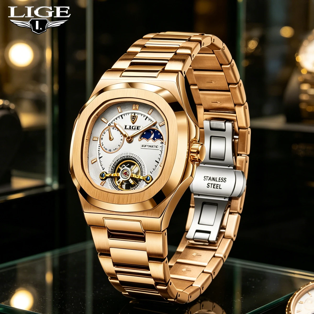 Reloj LIGE Dual Seconds Tourbillon, reloj mecánico de 24 horas para hombre, reloj auténtico de acero inoxidable, reloj para hombre resistente al agua con brillo nocturno