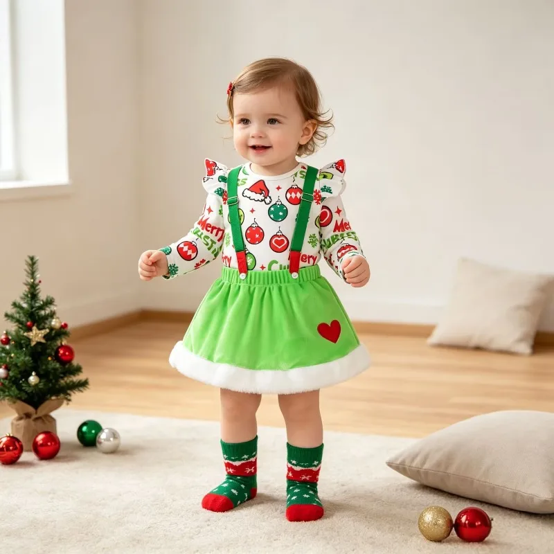 Newborn Infant Baby Girl Christmas Outfit White Ruffle Top Green Suspender Skirt With Fur Trim Costume 0 24M