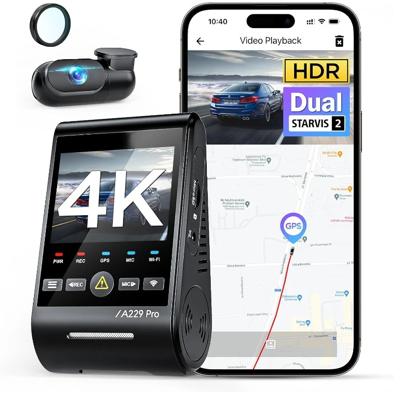 A229 Pro 4K HDR Dash Cam, Dual STARVIS 2 IMX678 IMX675, 4K+2K Front and Rear Car Camera, 2 Channel with HDR, Voice Control