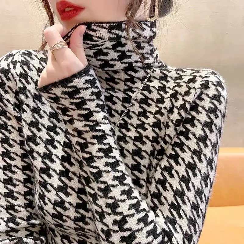 Women Clothes Fashion Plaid Knitting Pile Collar Long Sleeve Pullovers Autumn Temperament Bottoming Shirt Female Slim Sweater