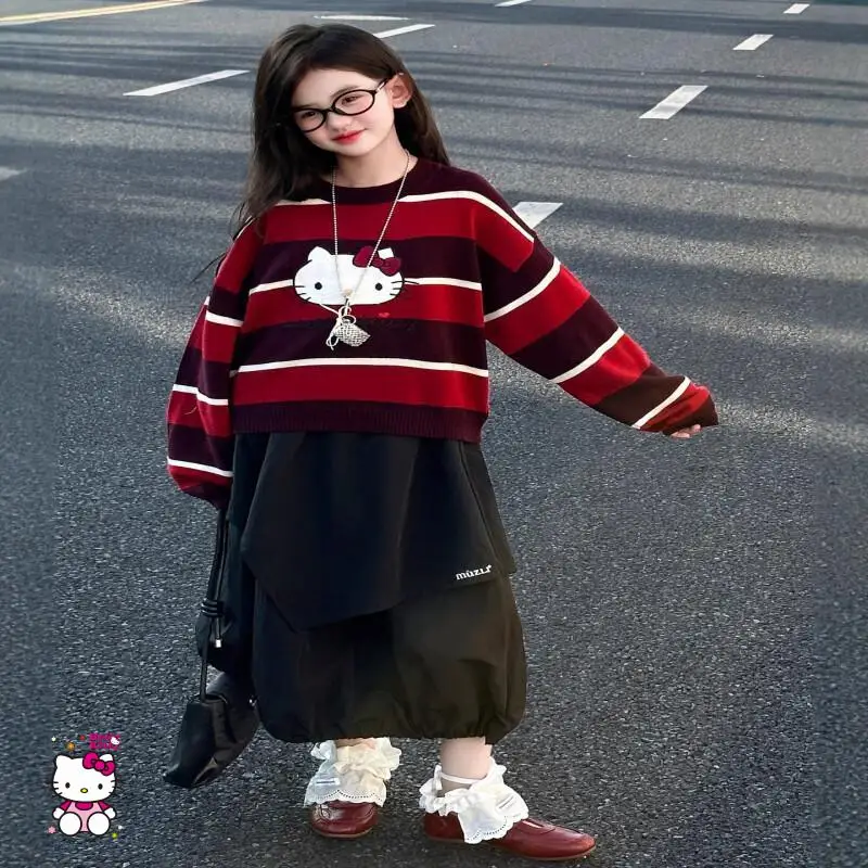 

Sanrio Hello Kitty knitted top Girls Kawaii Y2k Anime Children's Clothing Winter Oversized Child Casual Pullover Crew Neck top