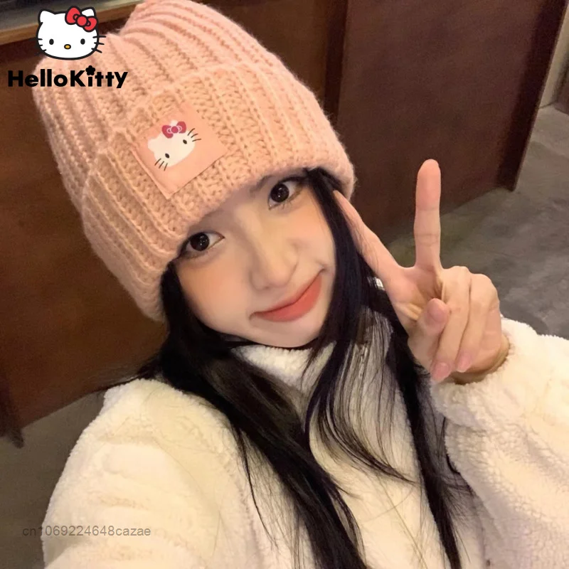 

Sanrio Hello Kitty New Cap Cartoon Knitted Hat Women Korean Trend Headwear Accessories Autumn Winter Warm Hats Y2k Cute Caps