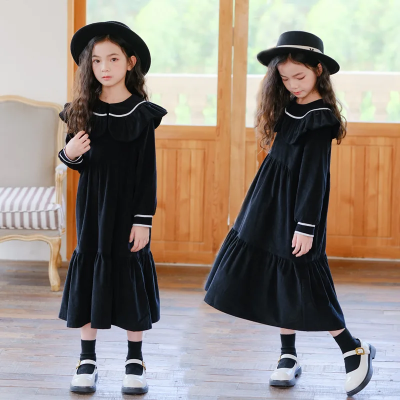 

2024 Autumn Winter Junior Girl Corduroy Dress Children Girl Peter Pan Collar Medium Length Dress School Girl Long Sleeved Dress