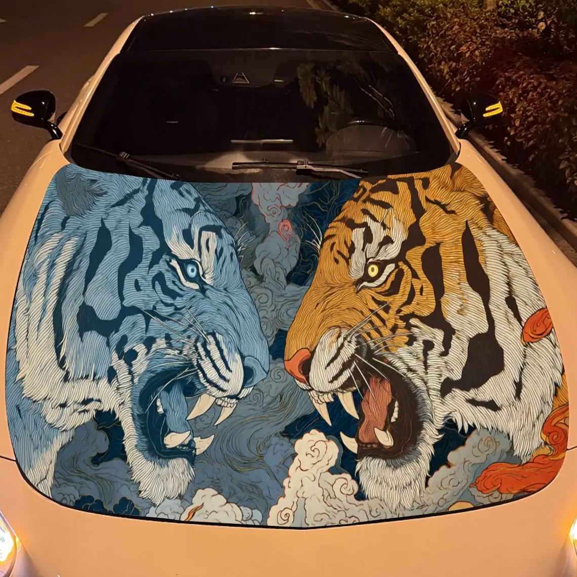 ملصقات غطاء السيارة القوية من Clashing Tigers - لفافة فينيل ذاتية اللصق ومقاومة للماء ومتينة، وتزيين وتحمي سيارتك، Fi