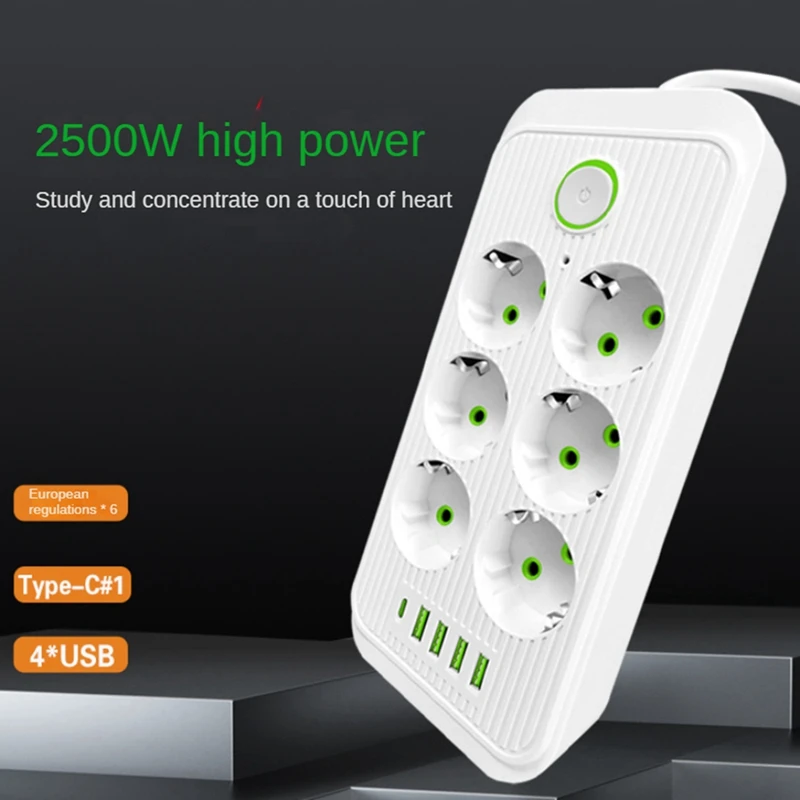 NEW-EU Multiprise 6AC Prises Prises Électriques Avec 4 USB 1 Type-C Filtre Réseau Charge Rapide EU Plug