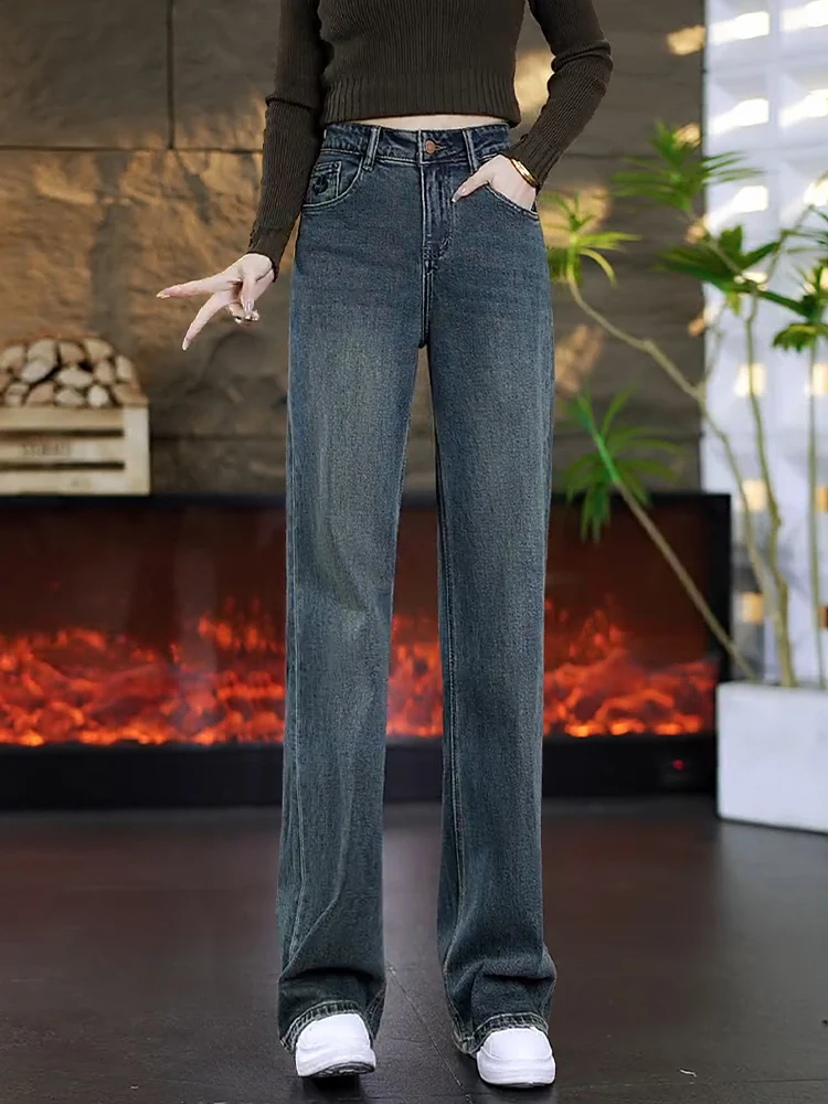 

High Waist Wide Leg Fleece Lined Denim Jeans Women's Vintage Cement Grey Slimming Straight Leg Trousers Spring Autumn Winter