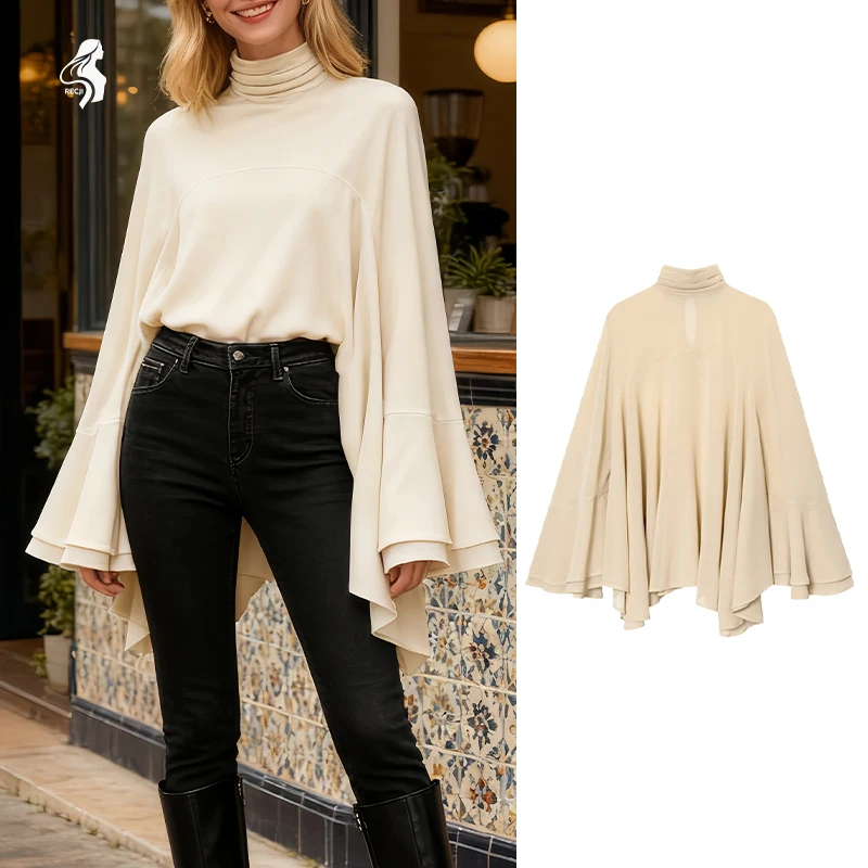 

Women's Beige Turtleneck Cape Blouse - Loose Flowy Batwing Sleeve Irregular Hem Top
