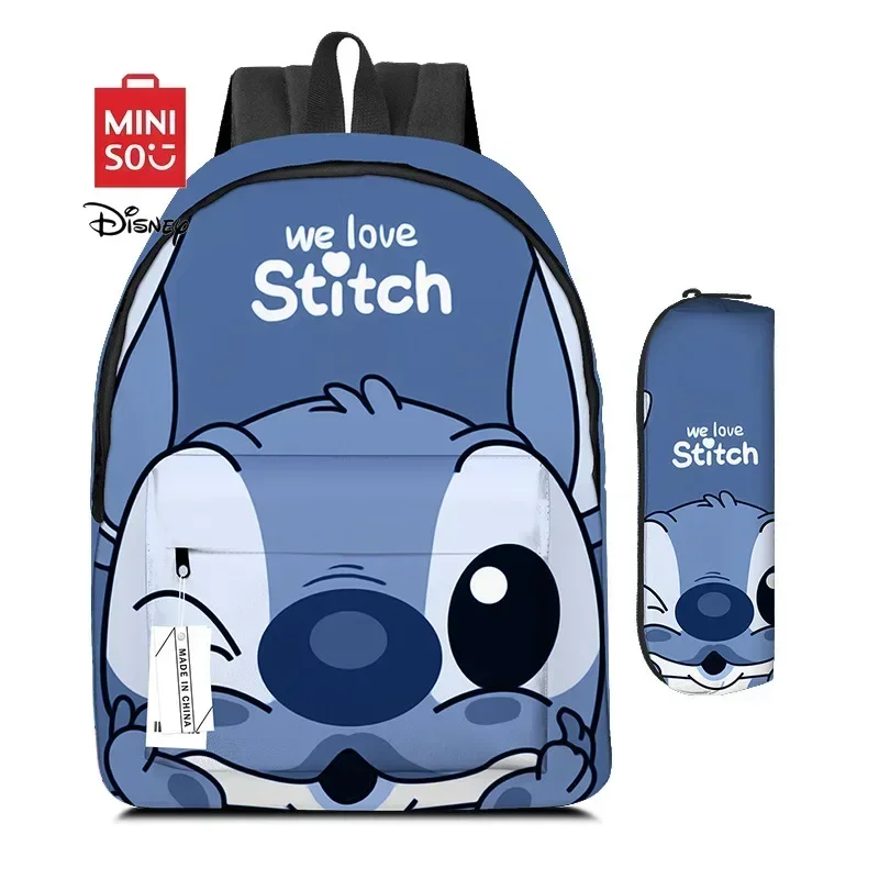 

MINISO Disney Stitch Cartoon Fashion Waterproof Backpack Students Casual Lightweight Large Capacity SchoolBag Wite pencil Case