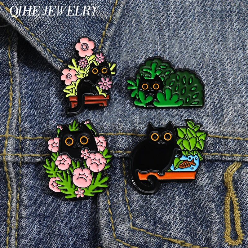 Cactus Cat Potted Enamel Pin Brooch Flower Plant Cartoon Metal Women Kids Gift Accessories Badge Black Animal Kitten Jewelry