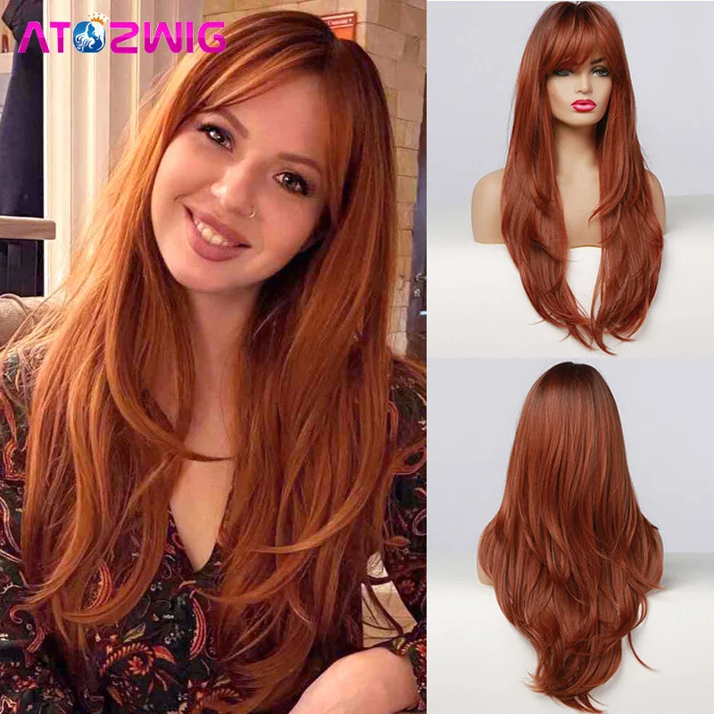 

Long Straight Orange Ginger Wig with Bangs for Women Natural Layered Daily Wigs