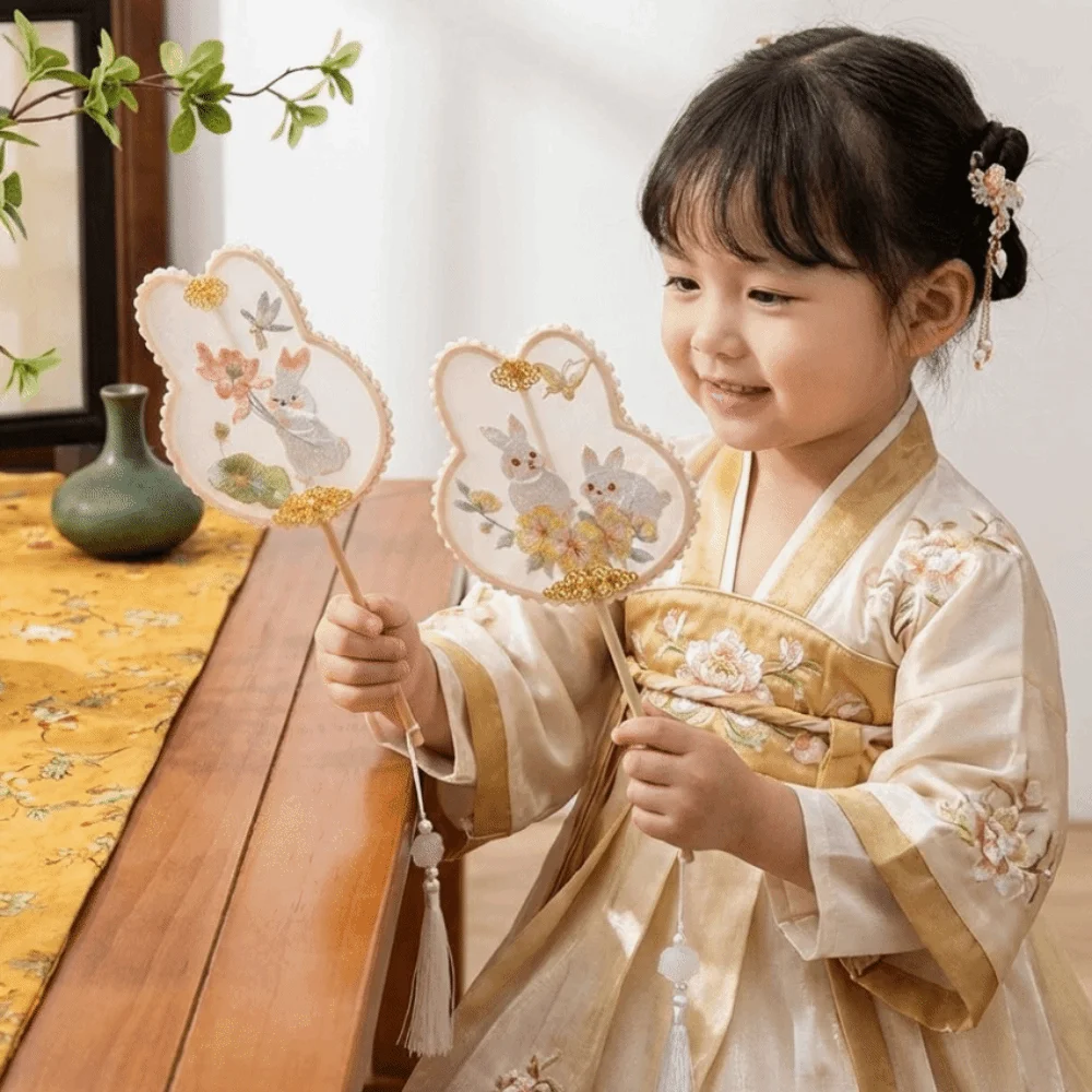 Handheld Chinese Style Embroidery Fan Rabbit Shaped Long Handle Ancient Style Fan with Tassel Pearl Embellished Hanfu Fan