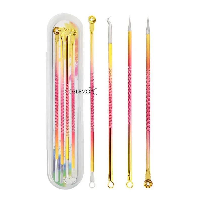 4 Piece Set Colorful Double-Headed Stainless Steel Nose Blackhead Needles Beauty Dead Skin Removal Facial Care Tool with Box