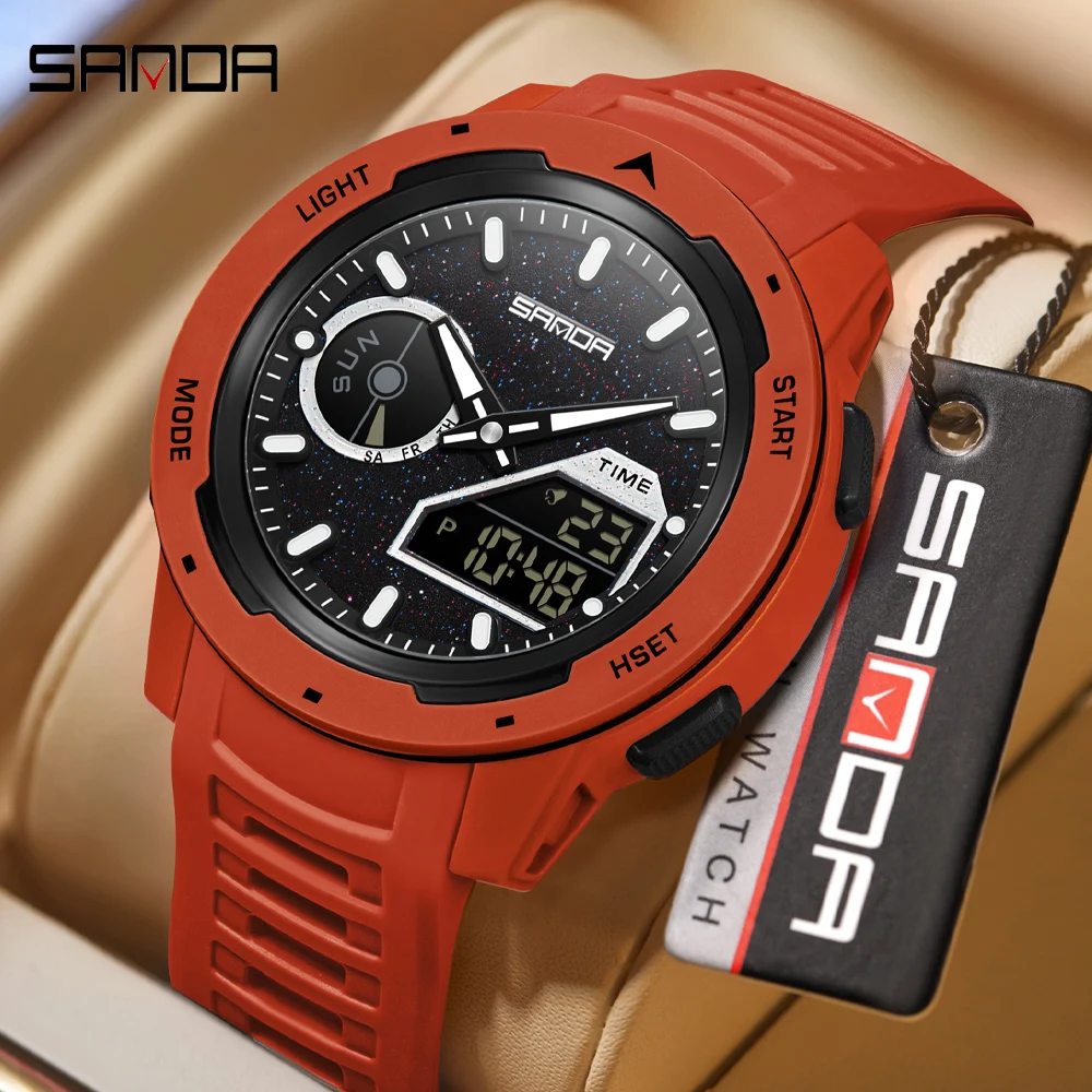 SANDA Dual Display Men's Luminous Watch Waterproof Outdoor Sports TPU Digital Quartz Chronograph Calendar Wristwatch for Male