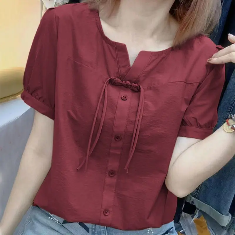 Summer New Cotton Chinese Style Drawstring Short Sleeved Shirt Women\'s Solid Round Neck Thin Button Waist Collection Loose Top