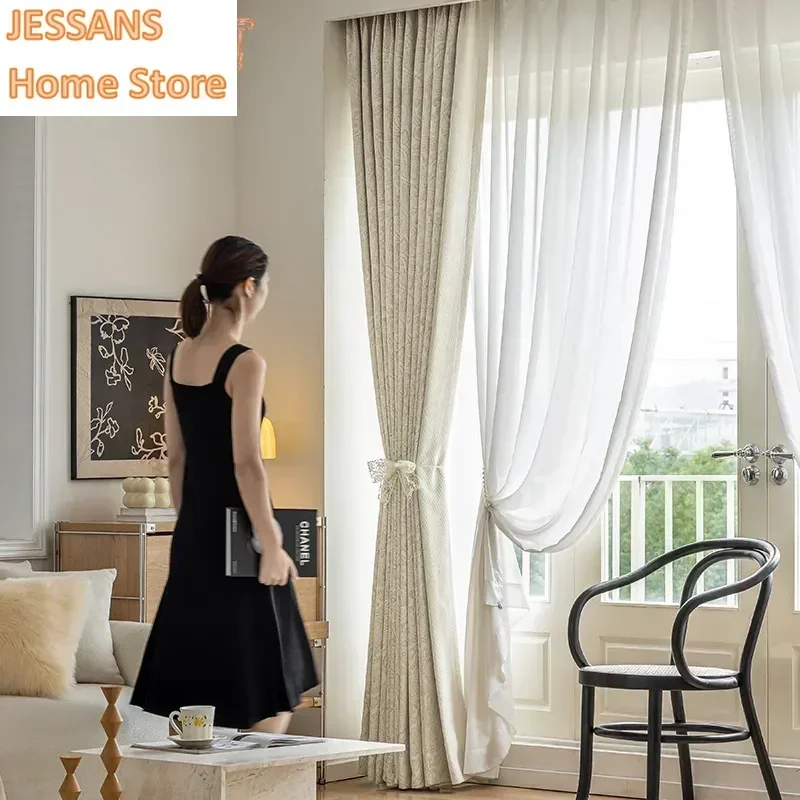 

Fashion Modern Romantic French Luxury Curtains for Living Room Bedroom Beige Embroidery Chenille Curtain Blackout Lace Tulle