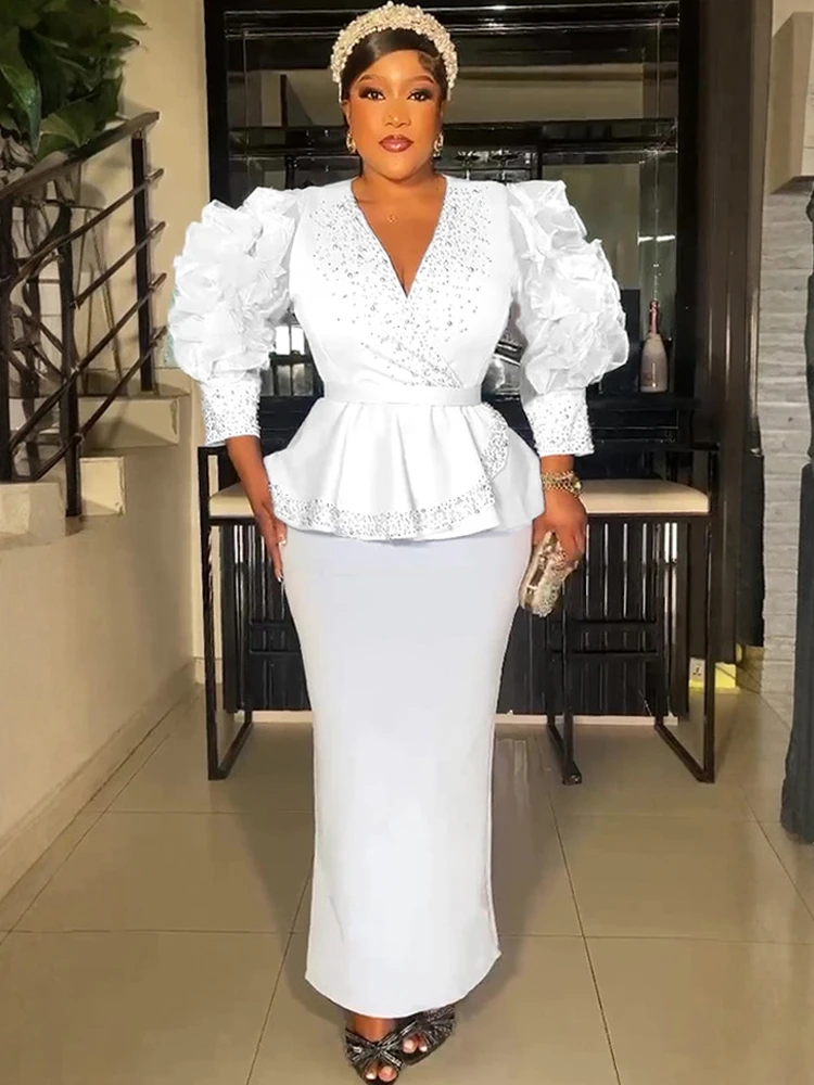 

African Dresses For Woman Luxury Party Prom Evening Maxi Dress Puff Sleeve V-neck Bodycon Robes Dashiki Africa Clothing Kaftans