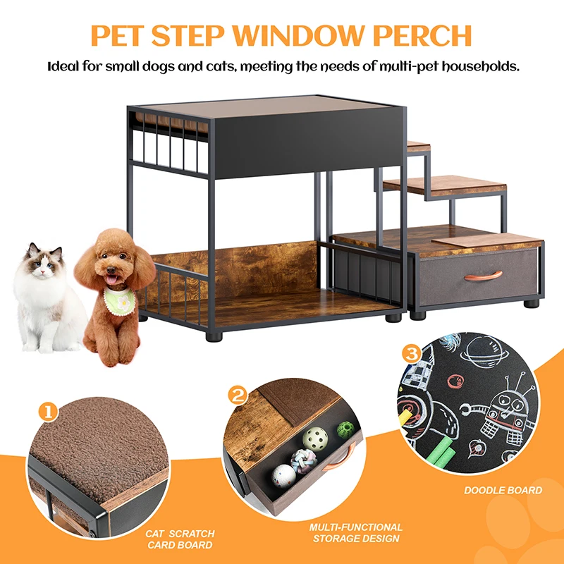 Beliche de estimação com escadas para gato e cachorro, Assento para animais de estimação multinível, Plataforma com tapetes, Sofá com gavetas, Perch da janela