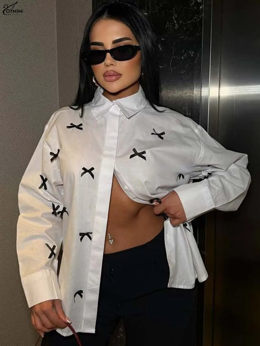 

Oymimi Fashion White Lace Woman Blouses Summer Turn-Down Collar Single Breasted Blouses Casual New Long Sleeve Patchwork Blouse
