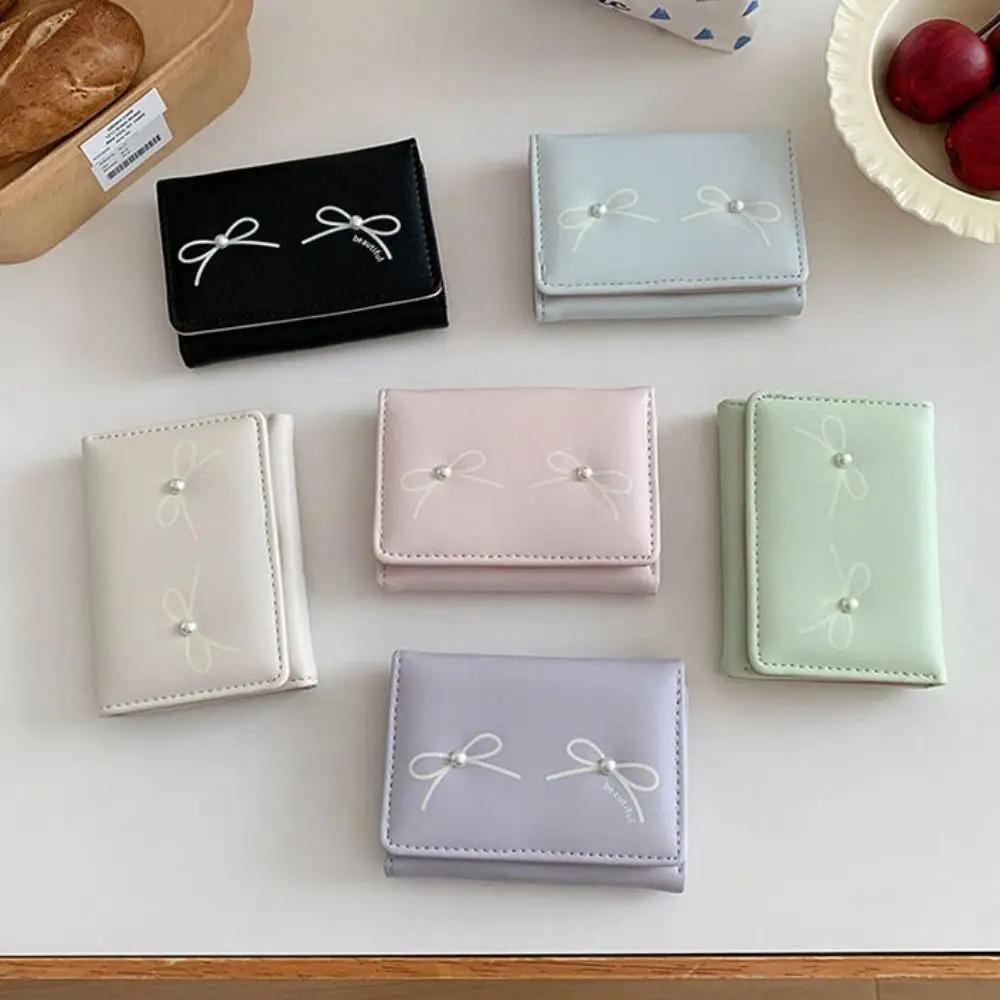 Waterproof Bow Short Folding Wallet Handheld Lightweight Money Purse Bag PU Leather Korean Style Heart Photo Card Holder Female image 2