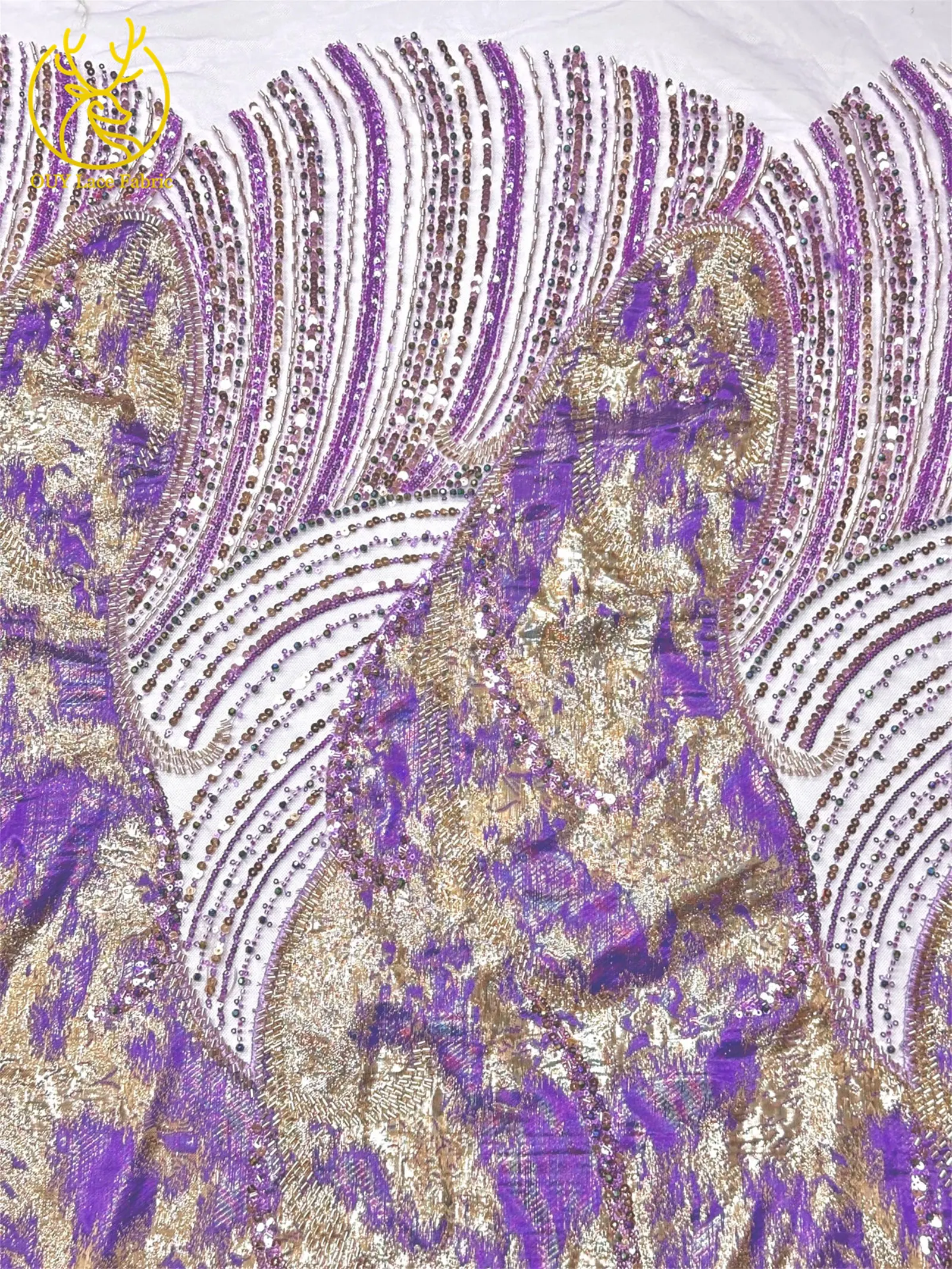 Lila luxuriöser afrikanischer schwere Perlen-Chiffon-Spitzenstoff 2026 Hochwertiger nigerianischer Pailletten-Spitzenstoff für Abendkleider 5 Yards – Detail 7