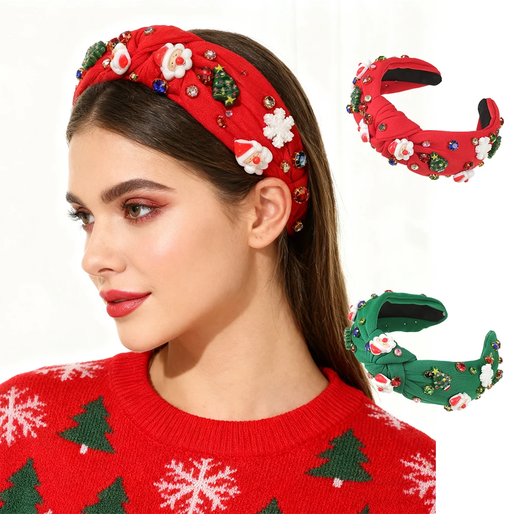 

2PCs/set Christmas Rhinestone Decorated Headbands Fabric Ribbon Wide Headband Festival Hair Accessories For Women Party Headwear