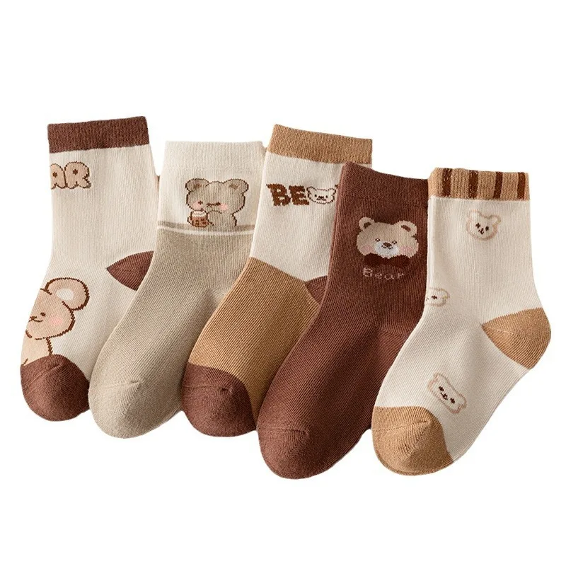 Meias infantis de urso de chá com leite, meias de algodão com todos os fósforos, fofas para bebês meninos e meninas, primavera e verão, novas, 5 pares