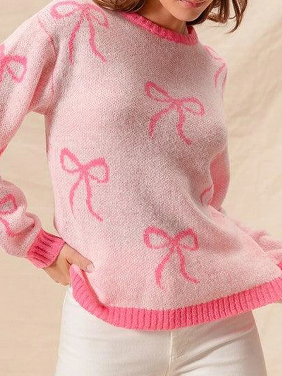 Women's Autumn Winter Knit Sweaters Cute Pink Bow Print Long Sleeve Round Neck Knitwear Ladies Casual Cozy Pullovers Dailywear