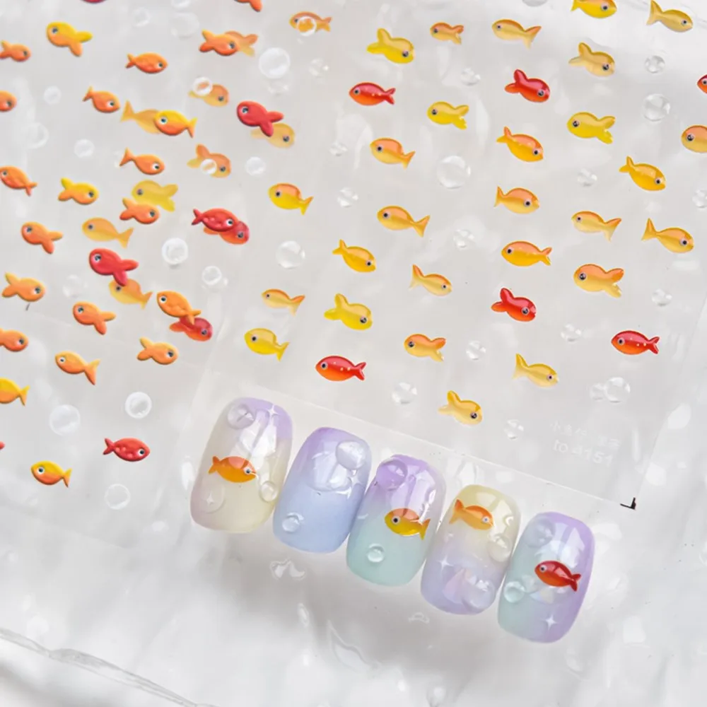 

1Sheet 5D Embossed Jelly Goldfish Koi Nail Sticker Decals Self-Adhesive Red Yellow Fish Bubble Nail Art Sliders Manicure Sticker