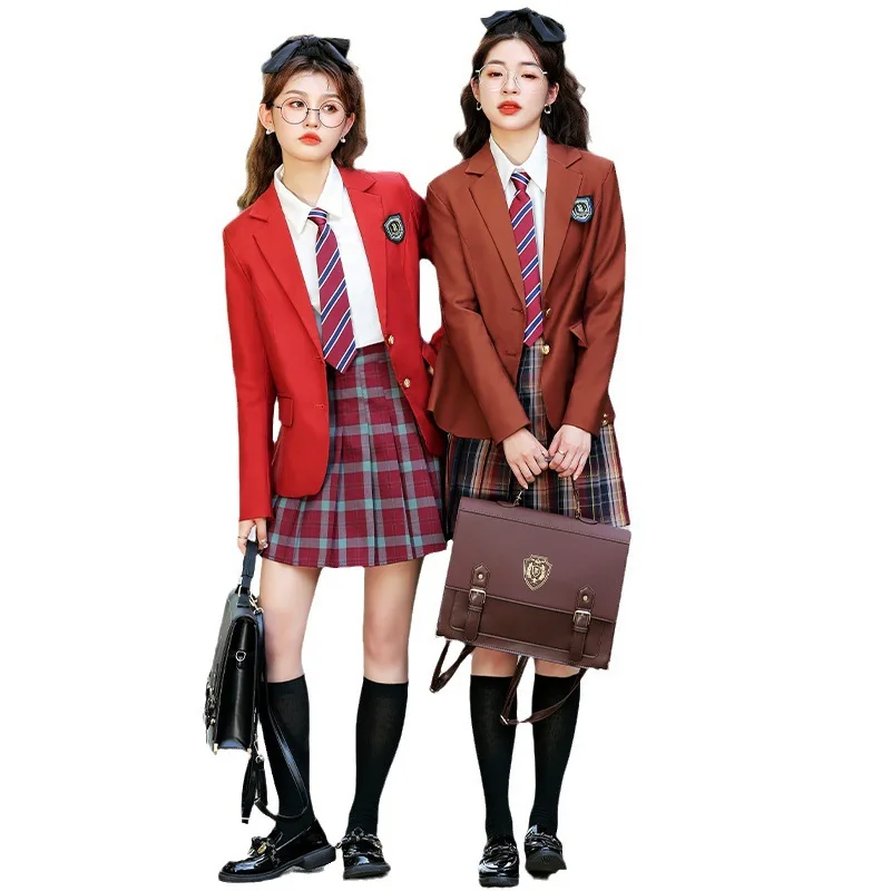 Outono inverno novo terno feminino de manga longa 2 peças conjunto profissional roupa jk uniforme estilo preppy blazer e saia xadrez