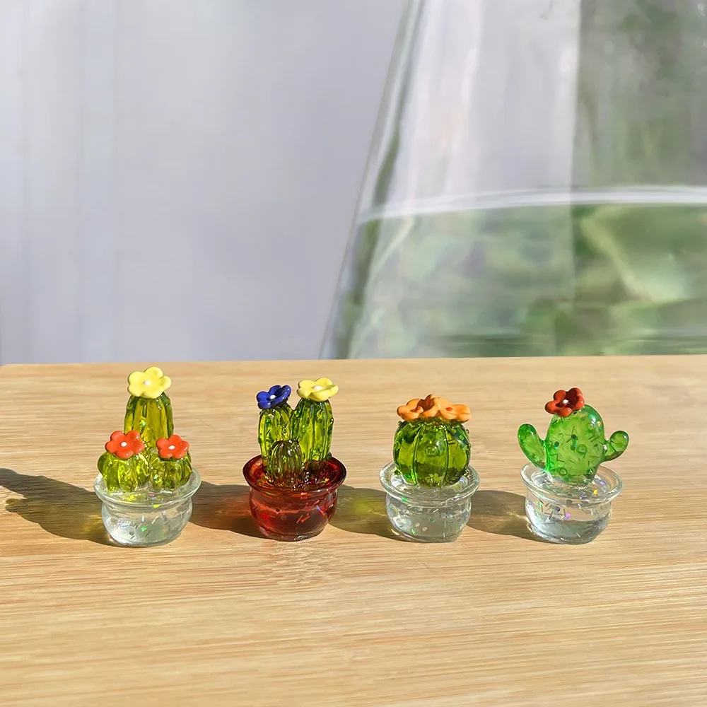 Simulation Cactus Rearview Mirror Ornaments Cute Handmade Transparent Mini Bonsai Figurines Resin Car Ornaments