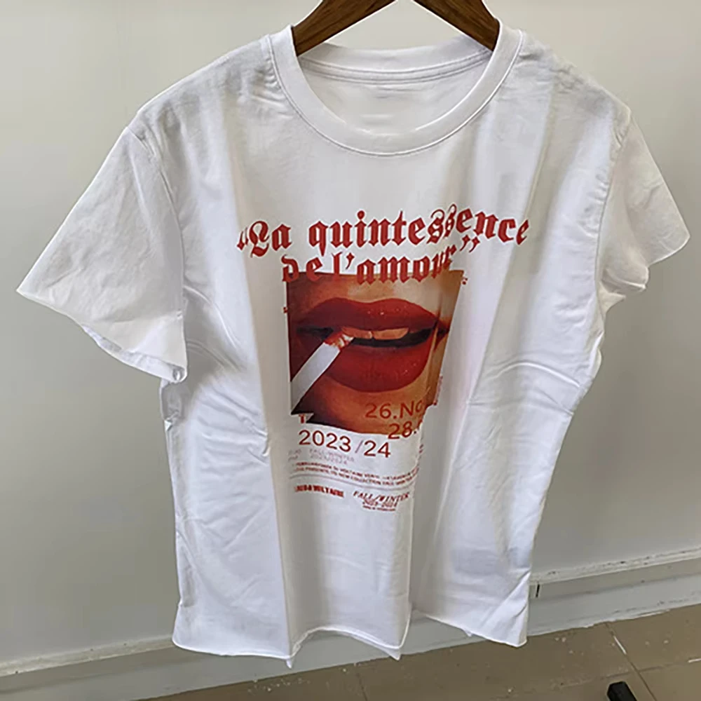 

Summer New North American Flaming Red Lips Cigarette Mouth Graphic Print Top Women O-Neck Short Sleeve T-Shirt