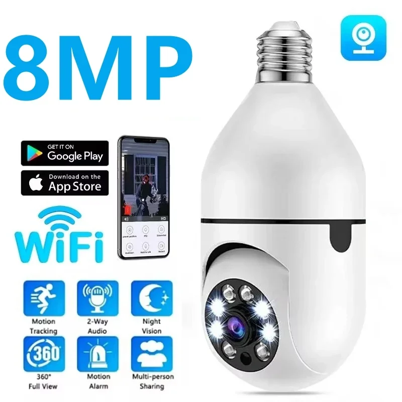 8MP E27 Ampul Wifi Gözetleme Kamerası Kablosuz Gece Video AI İnsan Algılama 4X Zoom Akıllı Ev Güvenlik Bebek Monitörü CCTV Kameralar