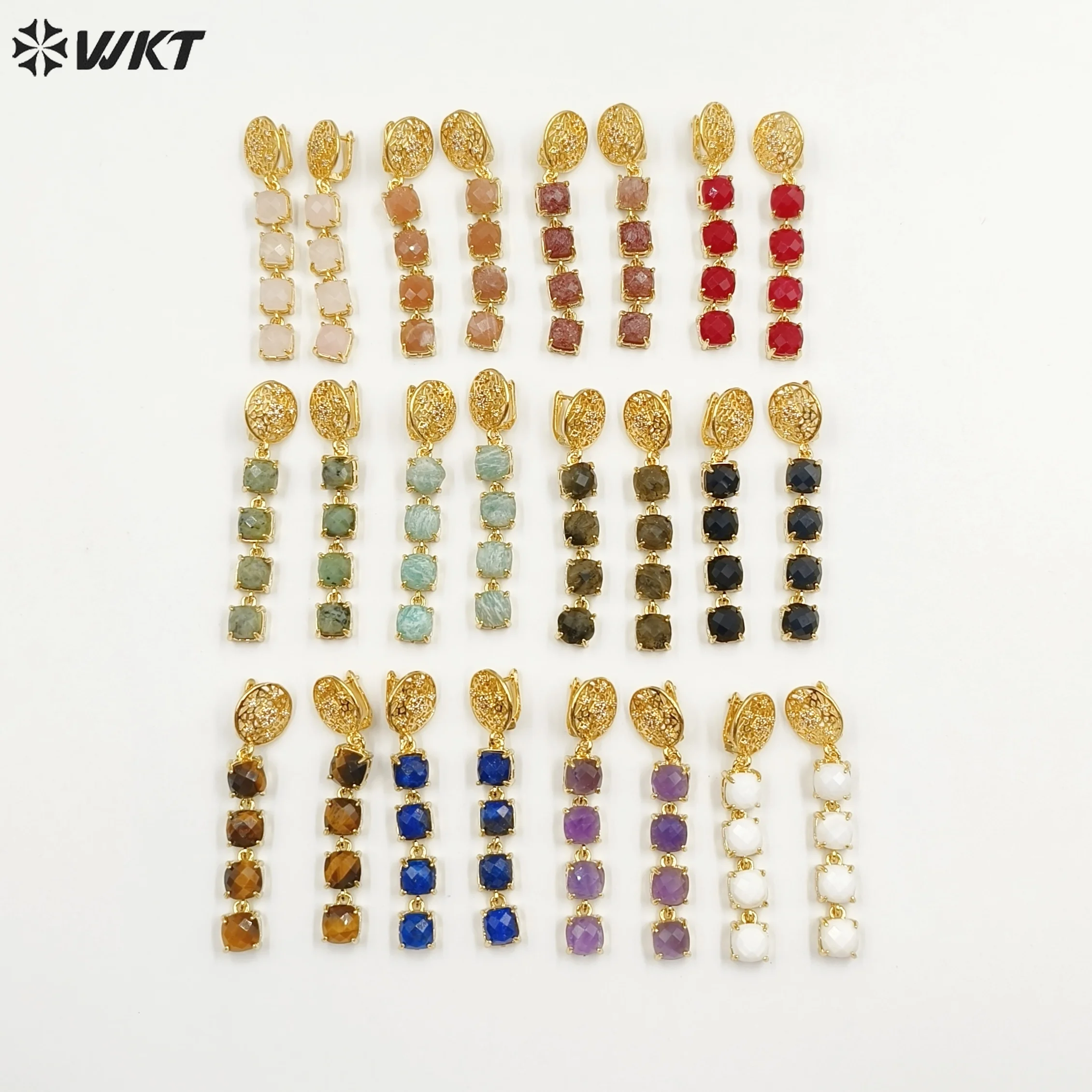 

WT-E737 New Chinese Style Retro Colorful Long Square Gemstone Women Temperament Buckle Earring Yellow Brass CZ Decorative