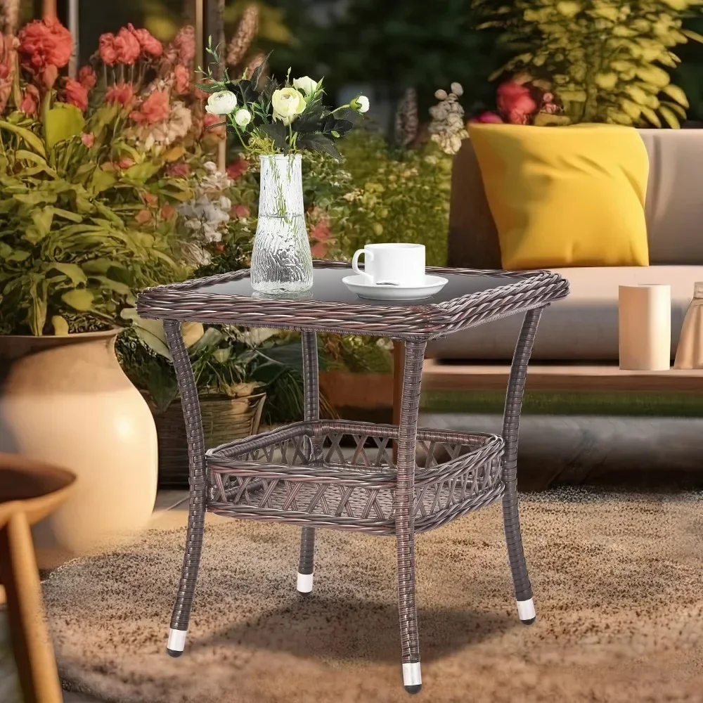 

Outdoor Side Table Patio Wicker Coffee Table Outdoor End Table Rattan with Storage.
