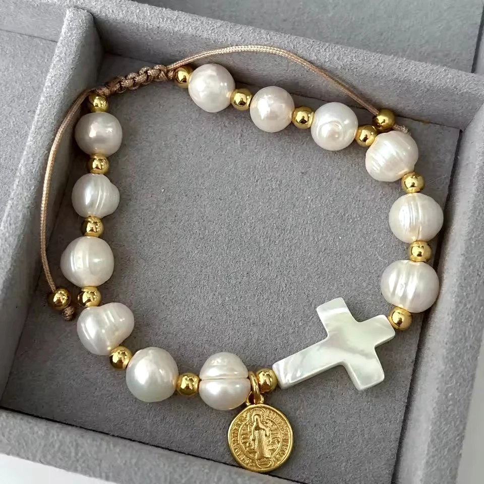 1Pcs New Fashionable Jesus Mary Charms Religious Fresh Water Pearl Bracelet Cross Shaped Bead Charm Bracelets
