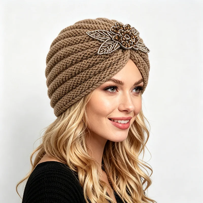 Knitted Turban Hat Flower Beaded Embroidery Twisted Head Wrap Winter  Muslim Hijab Cap Chemo Cap Women Hair Accessories