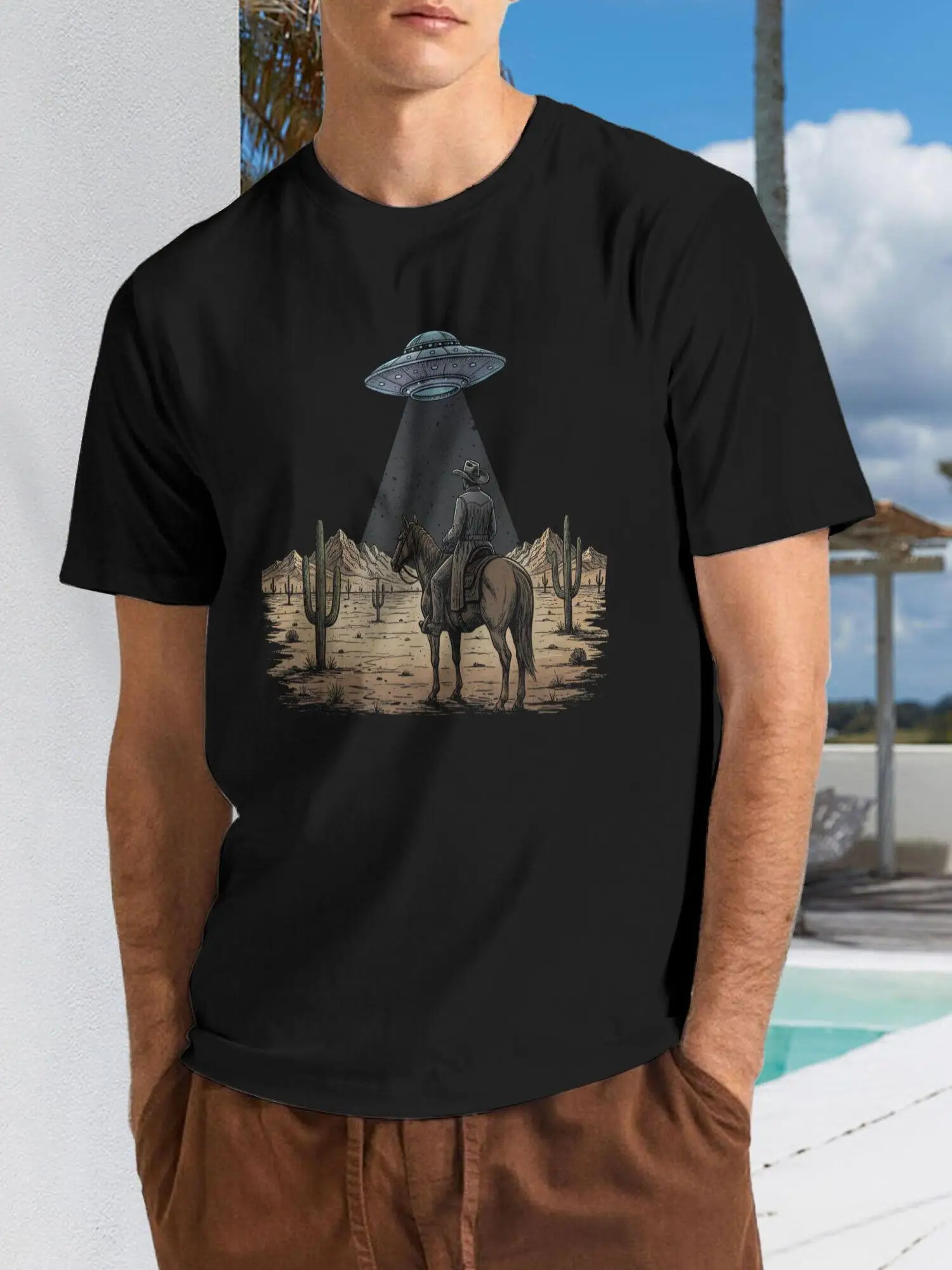 Cowboy UFO Desert Vintage Sci Fi Western Rodeo Country T-Shirt - Graphic Shirts for Men, Male Tshirt, Graphic T Shirts, Vintage Graphic Tee Men