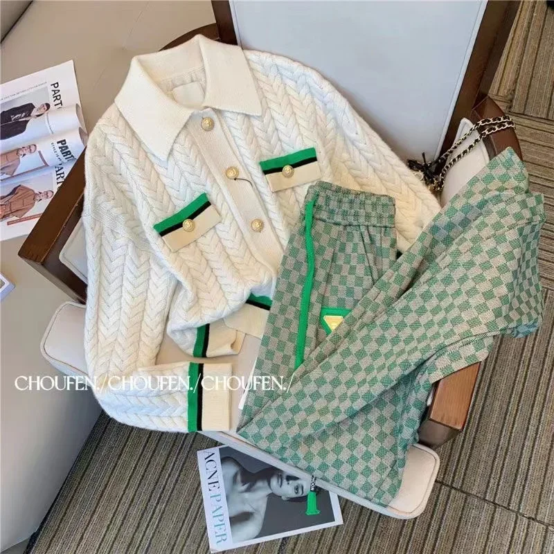 Women Knitted Sweater Suit Cardigan Jacket Top and Plaid Pants Two Pieces Set Matching Outfits Fashion 2024 Winter Street Cloth