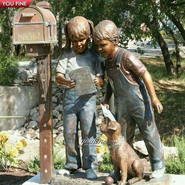 Outdoor Garden Life Size Cast Boy and Girl Bronze Mailbox Sculpture Statue