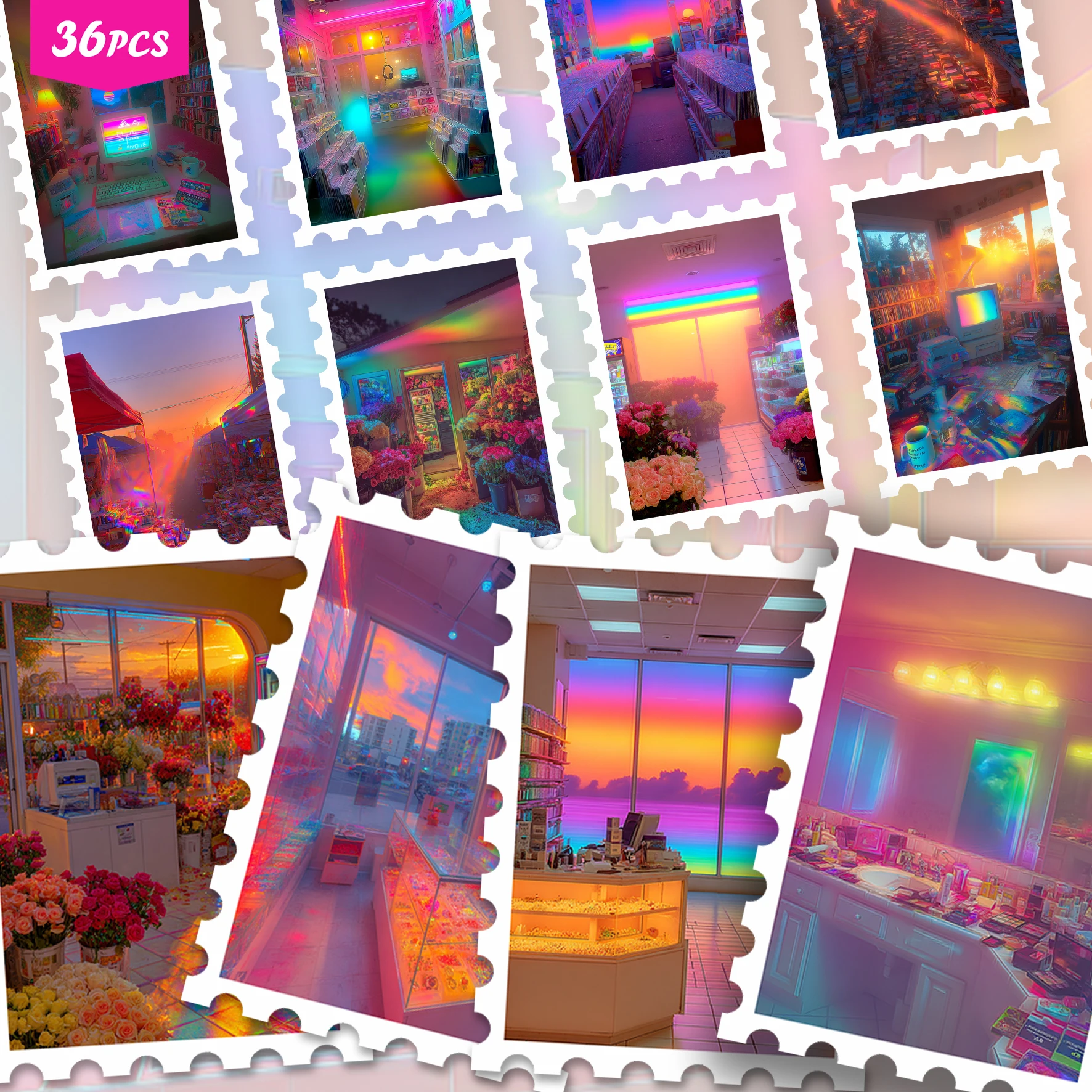36PCS Y2K Aesthetic Neon Room Stickers, Retro Rainbow Light & Psychedelic Interior Design Cutout Sticker Set for Journals, Plann