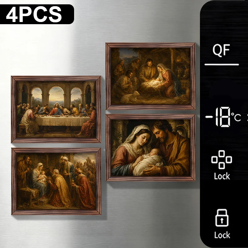 4pcs Classic Christian Religious Fridge Magnets, Mini Wooden Photo Frame Refrigerator Magnets, The Last Supper, Birth of Jesus