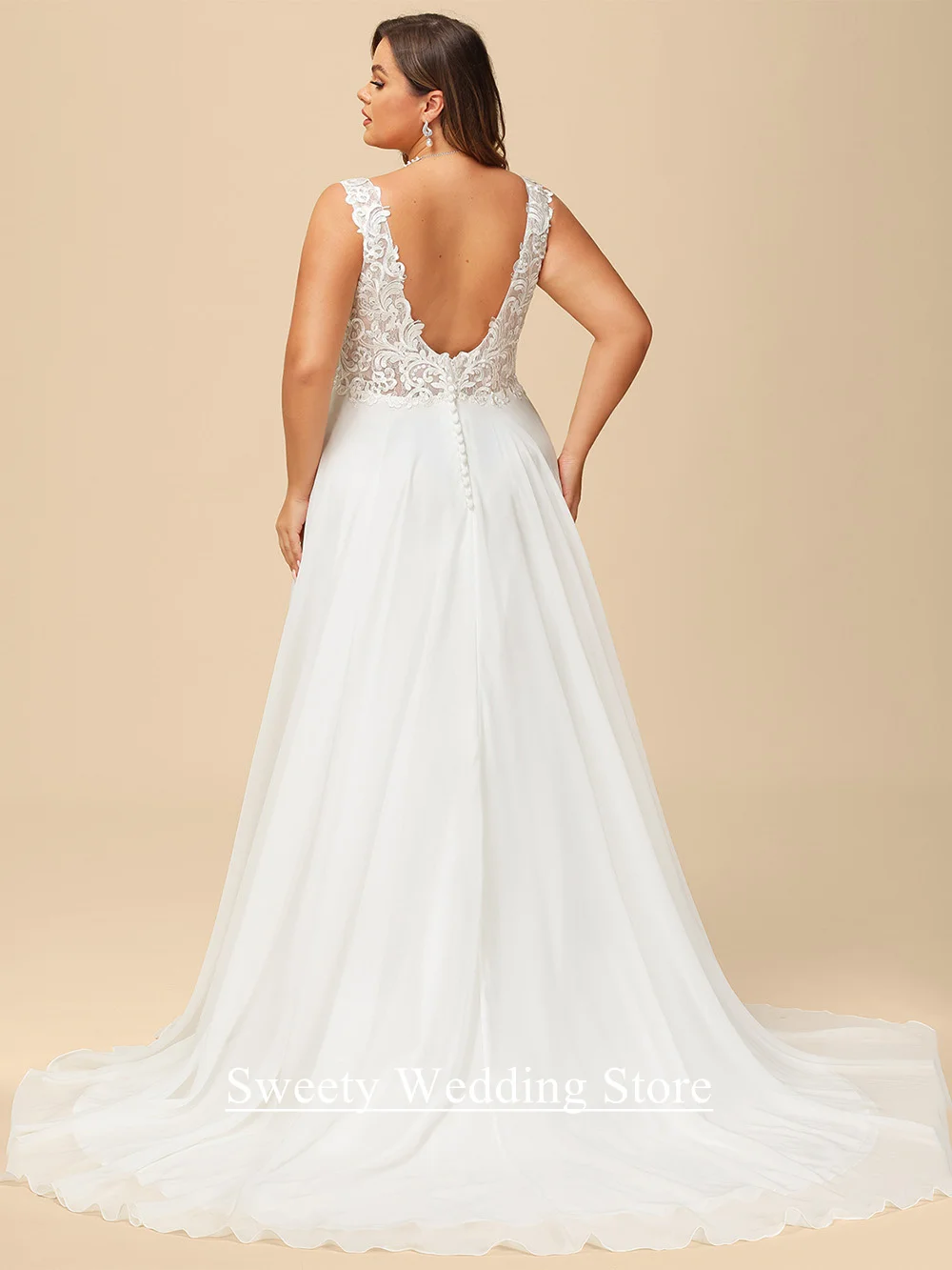 فستان زفاف العروس الحامل بالإضافة إلى حجم مخصص بلا أكمام عميق الخامس الرقبة الدانتيل زين انظر من خلال فستان زفاف الشاطئ الشيفون