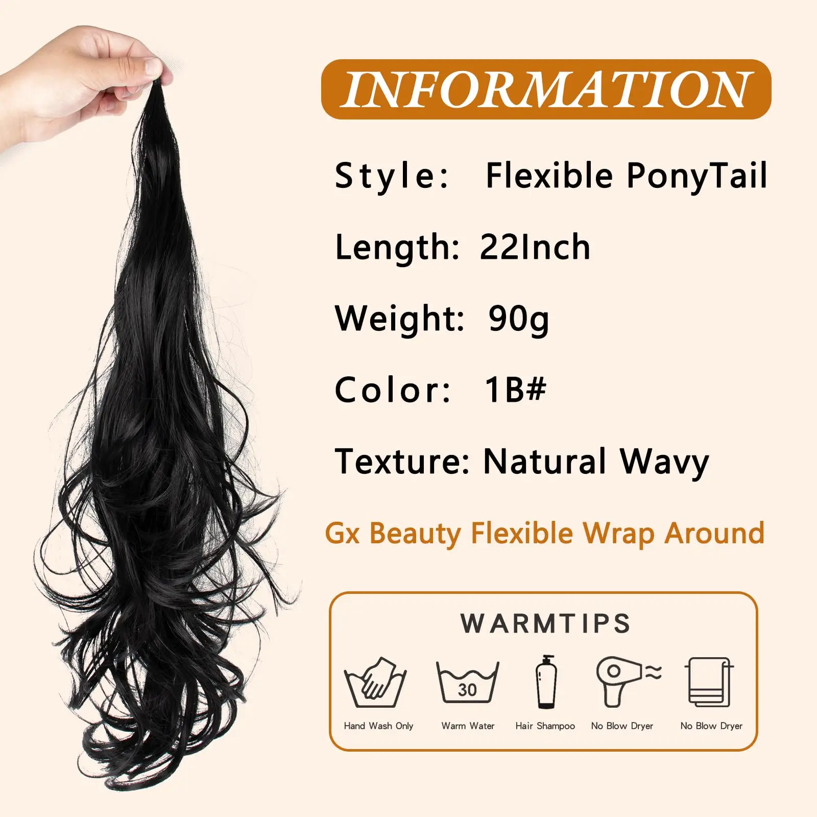 OLACARE Wave Flexible Wrap Around PonyTail Long Fake Tail Hair Extensions for Women Synthetic Natural Wavy Hairpiece Pony Tail