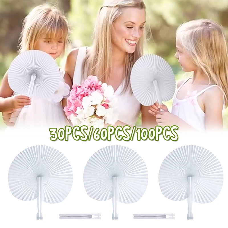 30/60/100pcs Folding Paper Fan Portable Hand Fans Wedding Party Gift for Guests Heart/Round Shape Anniversary Birthday DIY Favor