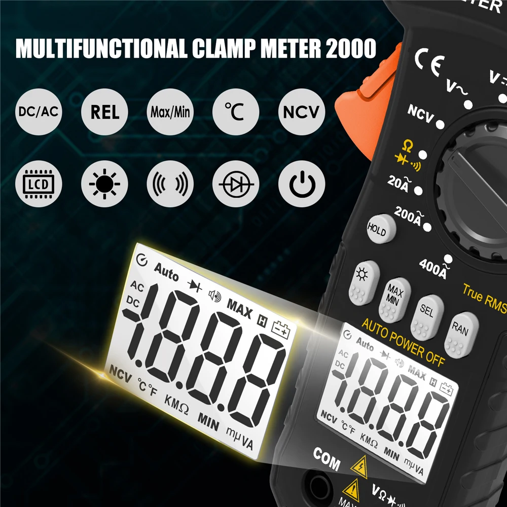 7200A True RMS Clamp Multimeter - Digital AC/DC Voltmeter & Ammeter with Non-Contact Voltage Detection, Diode & Continuity Test