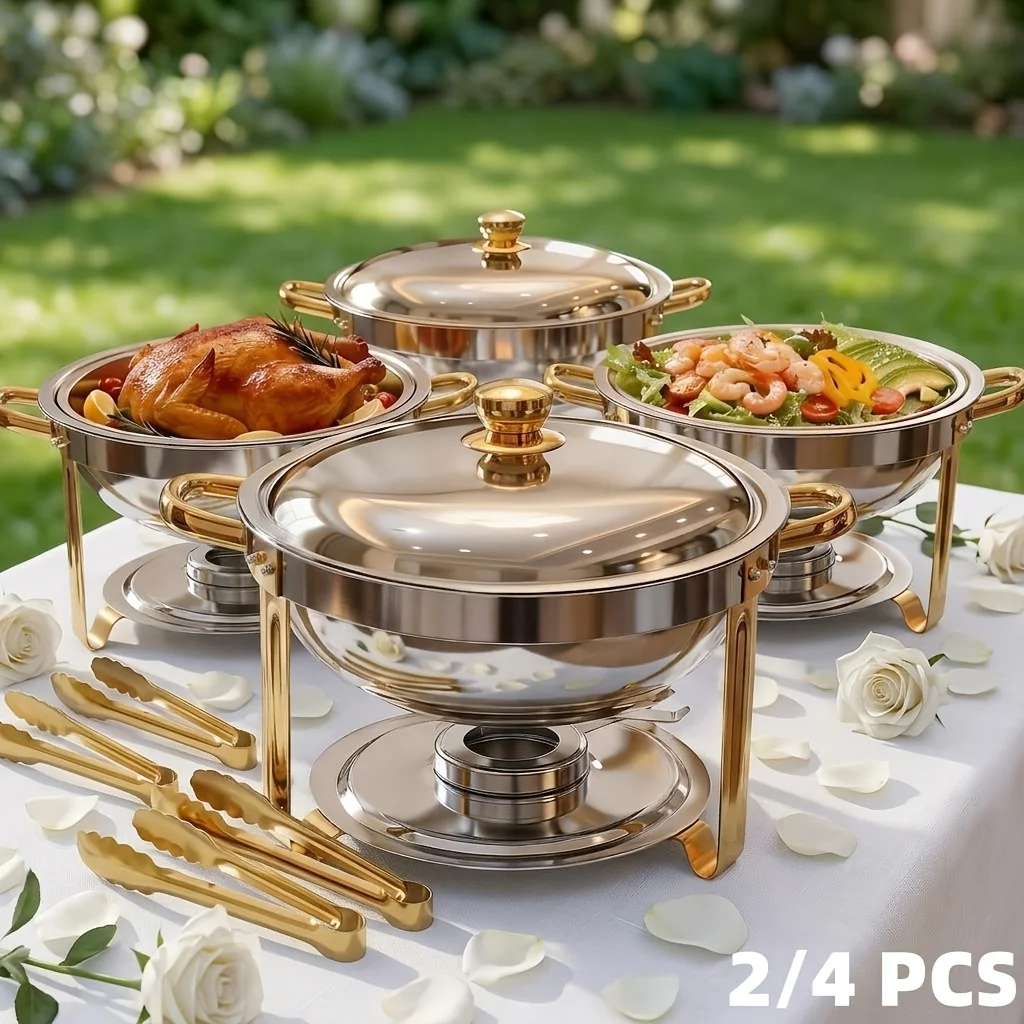 

6QT Stainless Steel Round Chafing Dishes, 2/4-Pack Food Warmers for Buffet, Food Clamps, Elegant Golden And Silver Colors, Worry-Free Assembly, Complete Set, solely for Cooking