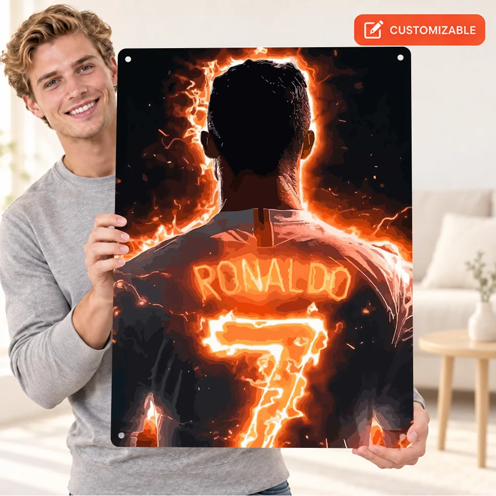 Cristiano Ronaldo Fire Jersey Textured Metal Poster Customized Aluminum Sign Fantasy Illustration Wall Art For Sports Lounge