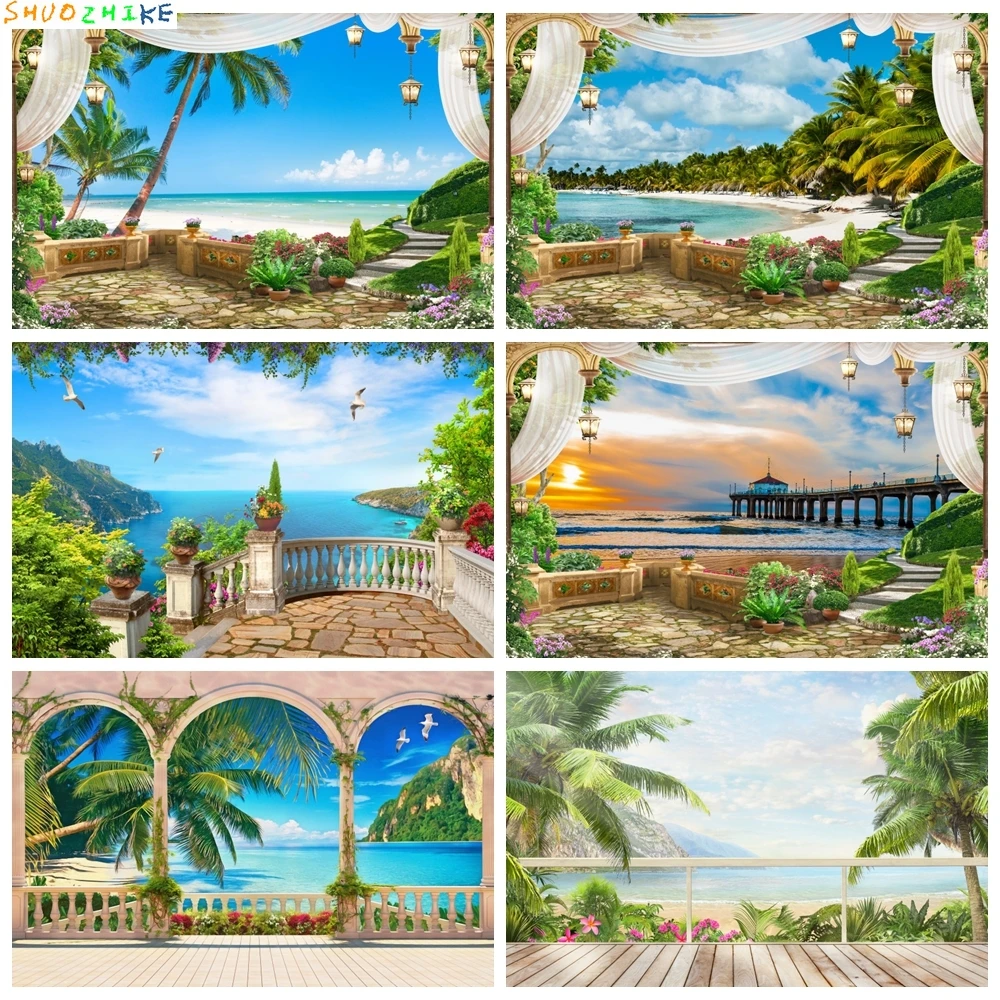 

Nature Seaside Landscape Backdrop for Photography Sea Ocean French Balcony Curtain Palm Trees Wedding Photo Background Decor