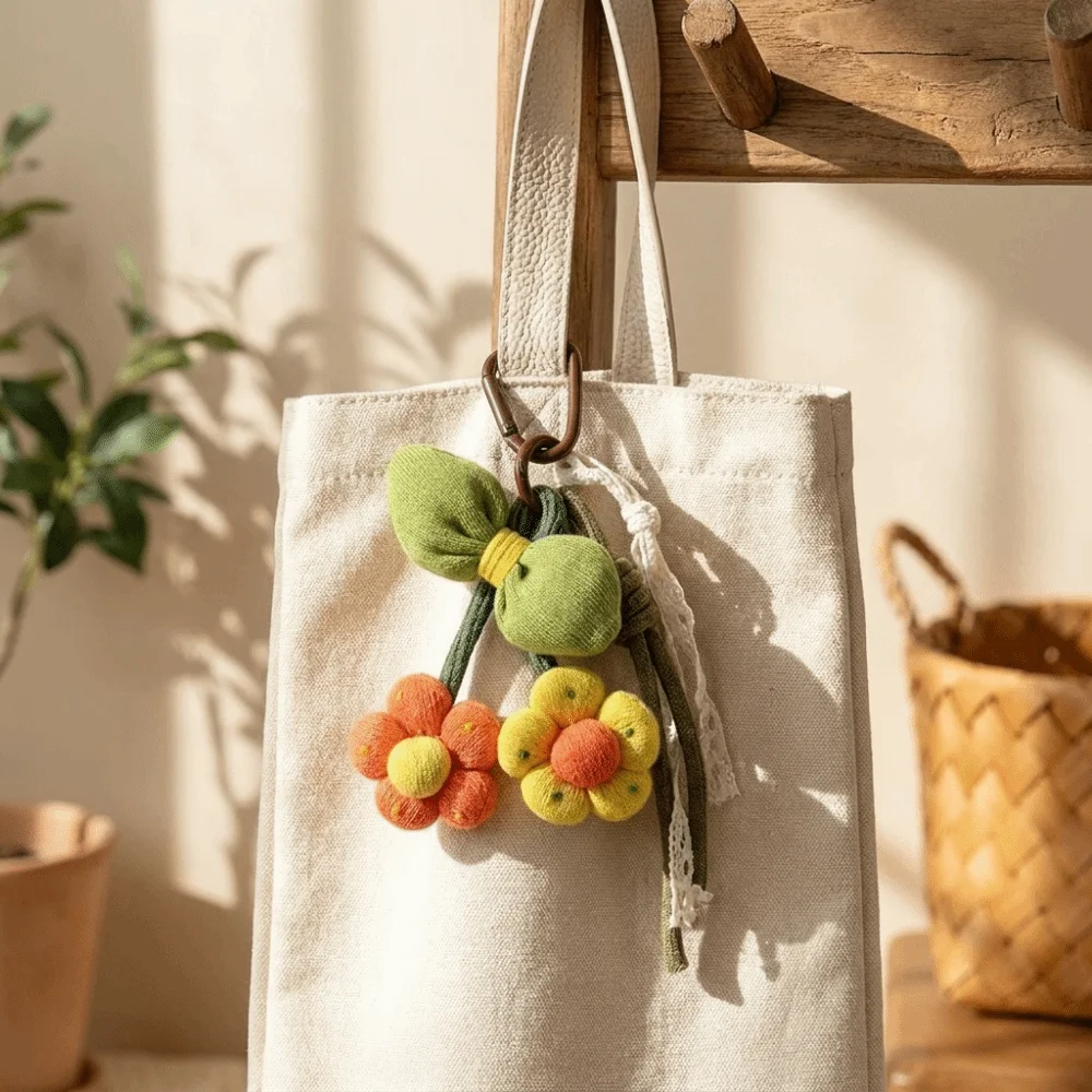 Vintage Stoffblumen-Schlüsselanhänger mit Karabinerhaken, Luffa-Taschenanhänger im pastoralen Stil, leichter Quasten-Botanik-Schlüsselring für Rucksack – Detail 10